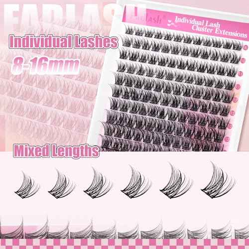 FADLASH Lash Clusters Wispy Eyelash Clusters D Curl 8-16mm Cluster Eyelash Extensions 168Pcs Individual Natural Lashes with Black Thin Band Soft and Reusable (GS49, 8-16mm)