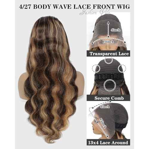 Ombre Lace Front Wig - Human Hair, 13x4 Body Wave, 4/27 Highlight, Honey Blonde, 180% Density (22 inch)