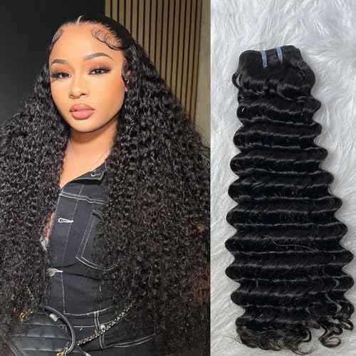 12A Deep Wave Human Hair Bundles Deep Curly Bundles Human Hair 100% Unprocessed 1 Bundle Brazilian Virgin Human Hair Extensions Quick Weave Natural Black Color (deep bundles, 20)