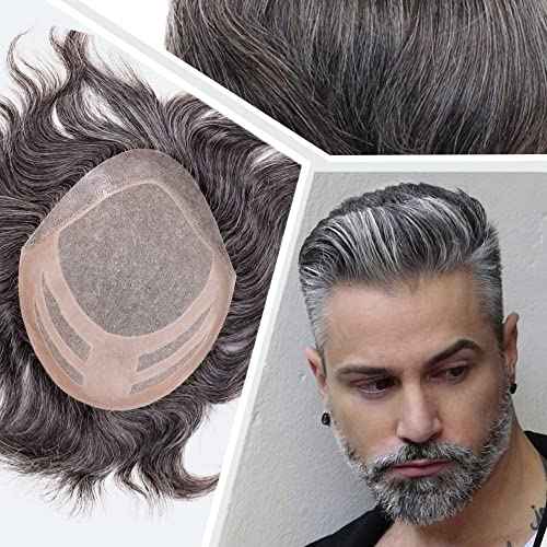Mens Wigs Toupee for Men European Virgin Human Hair Weave Unit for Man Toupee Mono Lace Top Skin PU Men Hair Replacement System Mens Hairpiece (1B Mixed 30% Grey White Hair)