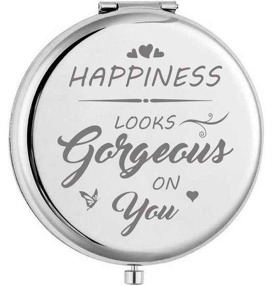 KUKEYIEE Happiness Looks Gorgeous On You Sliver Compact Cosmetic Makeup Mirror, Handheld Portable Pocket Folding Mirror for Women, Best Friends, Sister, Birthday Graduation Christmas Friendship Gifts…