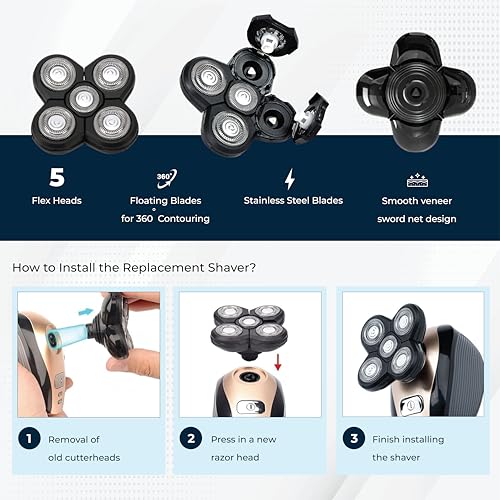 2 Pack Shaver Replacement Blades Compatible with Freedom Head Electric Razor Shaving, 5 Blades Shaver Replacement Heads for Head Shavers for Bald Men, Replacement Blades for Head Shaver Kit, 2 Brush