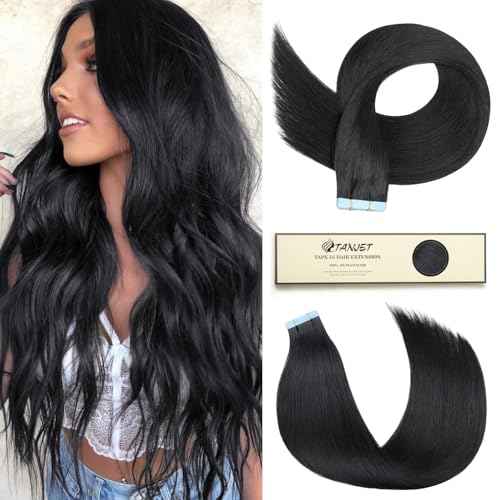 Tape-in Hair Extensions - 20 Inch Straight Jet Black Remy Hair - Invisible Skin Weft, Seamless Human Hair Extensions (#1 20 Inch 50g/Pack 20Pcs)