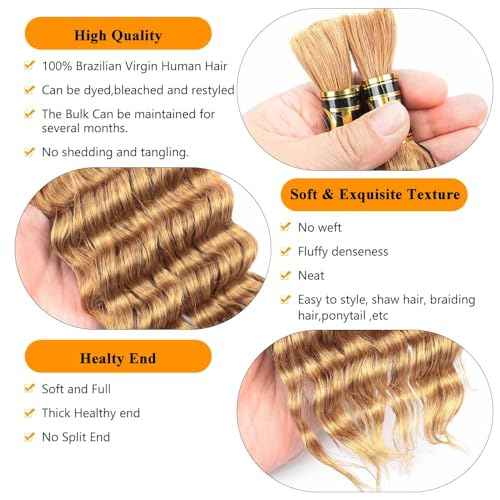 QTHAIR 16A Grade Deep Wave Bulk Human Hair for Braiding, 18 Inch, 200g, Honey Brown #27, Human Bulk Hair for Micro Braiding No Weft, Curly Human Hair for Boho Braids