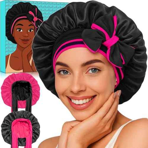 Atgdluk¢ç Reversible Silk Bonnet for Sleeping Women - Double Layer & Color Satin Bonnet, Adjustable Hair Cap for Curly & Textured Hair (Rose Red & Black)