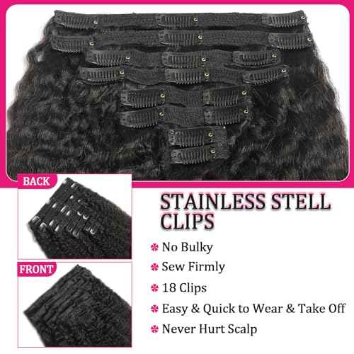 Kinky Straight Clip in Human Hair Extensions for Black Women 8Pcs 120g Seamless Kinky Straight Clip Ins 18Clips Double Weft Human Hair Full Head Hair Extensions (1B 22 Inch)