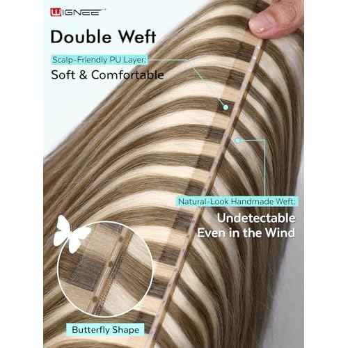 WIGNEE OVO 18 Inch Butterfly Invisible Human Hair Extensions, 1PC 50g Double Layer 13 Inch Wide Seamless Cuttable Blended Blonde with Micro Beads, Glueless Install for Thin Hair Volume