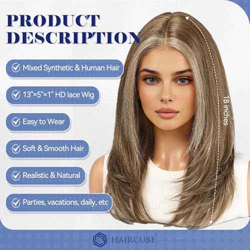 HAIRCUBE Human Hair Wig Lace Front Wig Glueless Wigs Layered Shoulder-Length HairWigs for Women, Ash Brown with White Bangs, Human Hair Blend, 13"¡¿5"¡¿1" HD Lace, 18 Inch Daily Use