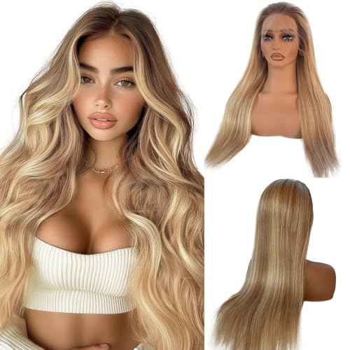 Ash Blonde Highlight Wig Human Hair, Wear and Go Glueless 13x4 Frontal Wig Ombre Colored Balayage Blonde with Brown Lace Front Wigs Human Hair 180% Density Thick Ends Free Part Lace Wigs for Women 22"