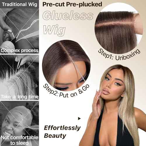 Ombre Blonde Wear and Go Glueless Wigs Pre Plucked Pre Cut for Beginners Synthetic Lace Front Wigs With Bangs Blonde Long Layered Straight Wigs 26 Inch 3 Seconds to Wear for Beginners