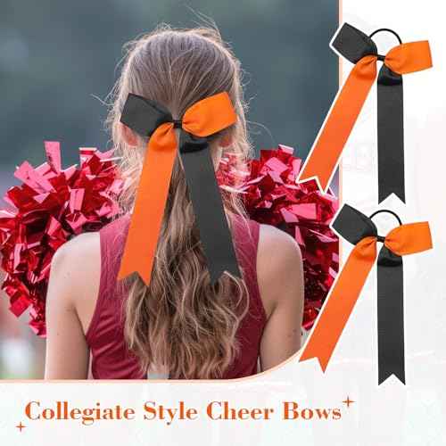 DEEKA 16 PCS Collegiate Style Ponytail Holders - Long Tail Skinny Handmade Bows for Girls, Teens, Softball, Cheerleaders - Orange/Black