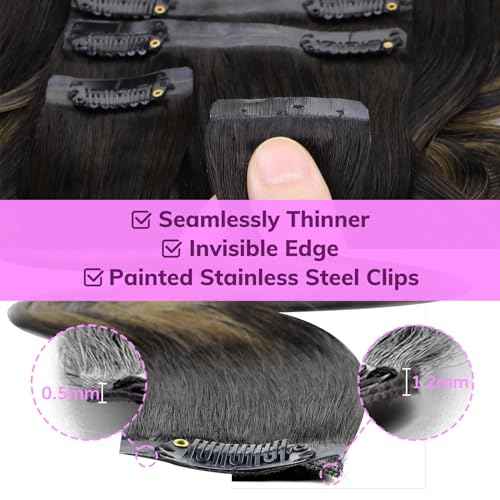 IDN BEAUTY Seamless Clip In Hair Extensions Human Hair, Body Wave 16 Inch 110g 7pcs, 1B/6/1B Balayage Natural Black to Chestnut Brown Remy Hair Seamless Clip Ins For Black Women PU Invisible Edge