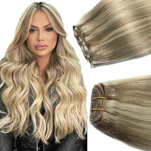 Balayage Ash Blonde to Blonde Highlights Sew in Hair Extensions Real Human Hair, 16 Inch 100G Weft Hair Extensions Human Hair, Hand Tied Weft Hair Extension Human Hair Weave Bundles Sew in Extensions