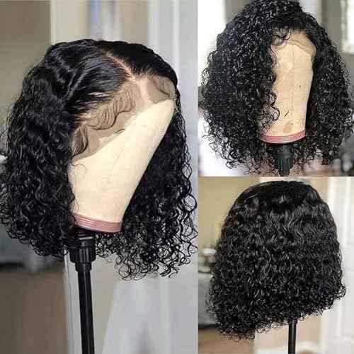 Curly Bob Wig Human Hair 13x6 Frontal Lace Wig Deep Curly Virgin Human Hair Wig Pre Plucked HD Transparent Lace Frontal Wigs for Women Natural Black 14 Inch