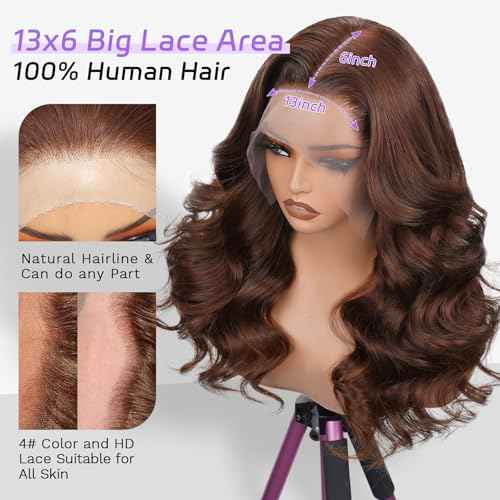 250 Density Body Wave Chocolate Brown Wig, 13x6 Lace Front Wigs Human Hair Pre Plucked, 100% Real Human Hair 4# Brown Wig for Women 20 Inch