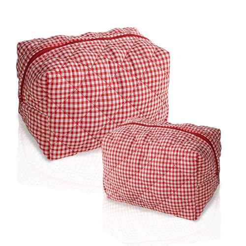 Handmade Makeup Bag, Skincare Cotton Organizer Zipped Pouch, 2 Pieces, Gingham Beauty Purse for Women Girls,Red