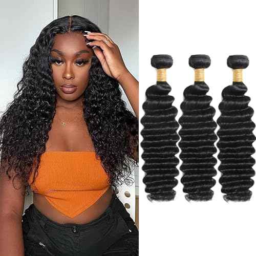 Savasana 12A Human Hair Bundles 18 20 22 Inch 3 Deep Wave Bundles, 100% Unprocessed Brazilian Virgin Human Hair Raw Hair Quick Weave Installation Real Human Hair for Women Natural Black