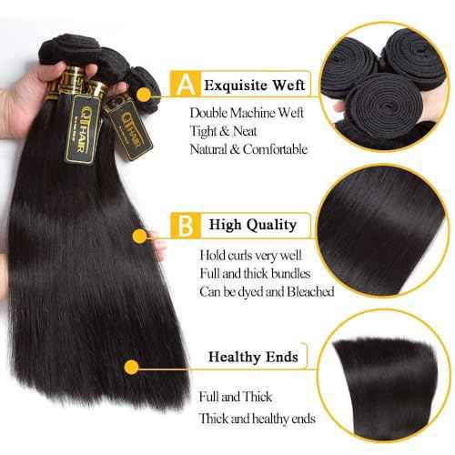 QTHAIR 16A Grade Brazilian Straight Human Hair Bundles With Frontal 12'' 14'' 16''+12'' 13x4 Ear to Ear Lace Frontal 100% Unprocessed Virgin Brazilian Human Hair Straight Hair Natural Color
