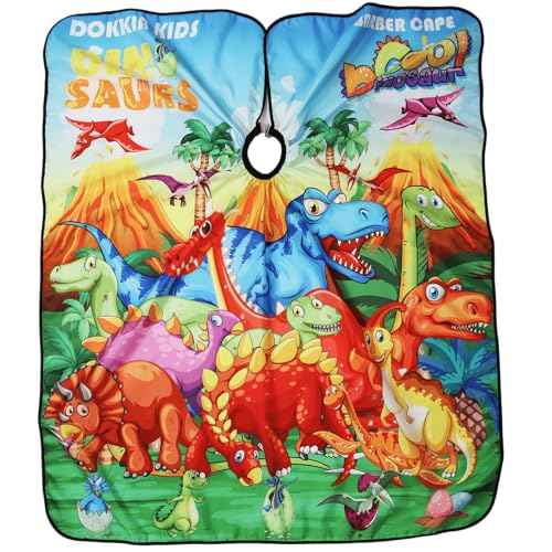 DOKKIA Barber Hair Cutting Cape Kids Children Toddler Boys Girls Hairdressing Salon Styling Cloth Apron Cover Gown with Neck Duster Brush Green Dino Dinosaur World