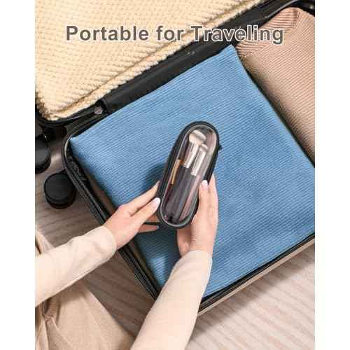 Clear Travel Makeup Brush Holder, Leather Makeup Brush Toiletry Bag, Portable Cosmetic Brush Case, Transparent Waterproof Makeup Brush Storage Bag, Black, Large