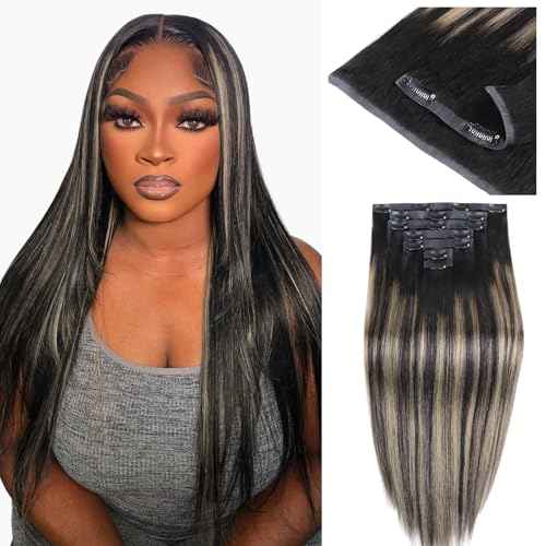 IDN BEAUTY Seamless Clip In Hair Extensions Human Hair, Straight 110g 18 Inch, 1B/19/1B Natural Black to Light Blonde Remy Hair Seamless Clip Ins For Black Women PU Weft Invisible Edge 7pcs