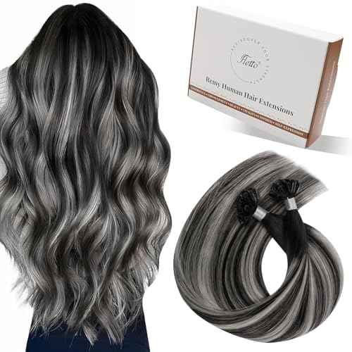 Hetto Ktip Human Hair Extensions Balayage K Tips Hair Extensons Real Human Hair Black to Silver Grey U Tip Hair Extensions Straight 14 Inch 50G 50S
