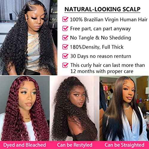 Deep Wave Lace Front Wigs Human Hair 13x4 HD Transparent Lace Frontal Curly Wigs for Women Human Hair 180% Density Glueless Wigs Human Hair Pre Plucked with Baby Hair Natural Color (28 Inch)