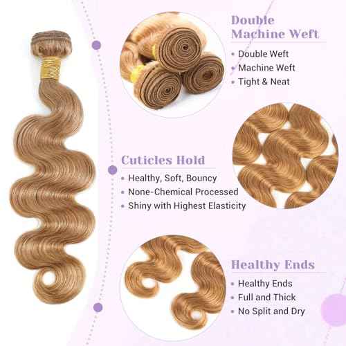 27# Honey Blonde Body Wave Bundles 100% Real Human Hair Bundles 16 18 20 Inch For Quick Weave Double Weft Can Be Dyed and Restyled