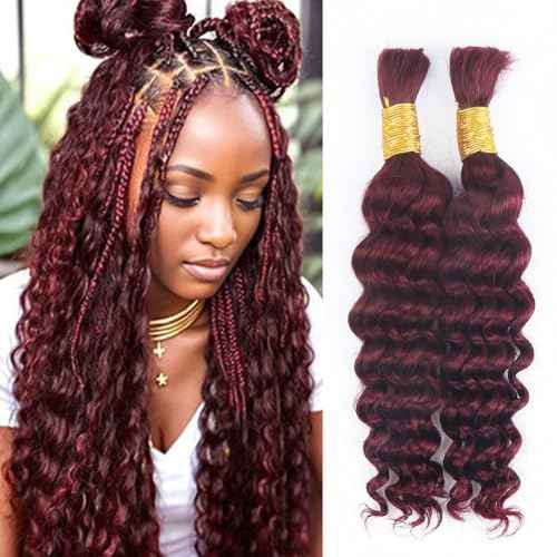 Deep Curly Human Braiding Hair for Boho Braids Burgundy Deep Water Wave Human Hair Braiding Hair No Weft Hair Bundles for Bohemian Knotless Braids 20 22 Inch Bulk Human Hair for Braiding 50g/Bundle