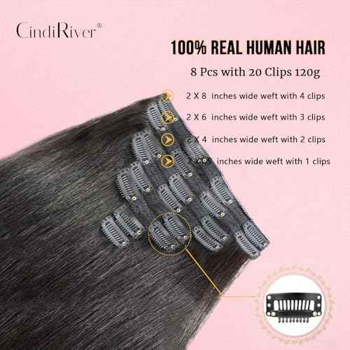 Silky Straight Clip in Hair Extensions Real Human Hair,20 inch 4.24oz Remy Human Natural Hair Clip ins for Women 8pcs Double Weft