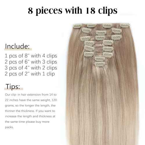 ABH AMAZINGBEAUTY HAIR Clip in Human Hair Extensions 20 Inch 8pcs/120g Ash Blonde Highlights Golden Blonde Real Hair Extensions Double Weft