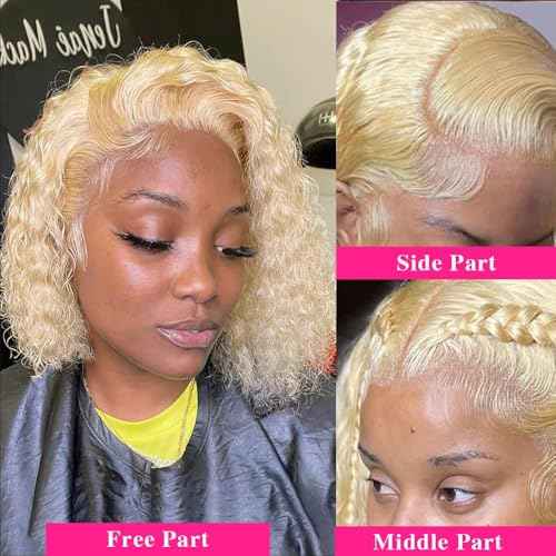 Blonde Bob Wig Human Hair 613 13x6 Lace Front Wig Human Hair Short Curly Bob Wigs for Black Woman Glueless Wigs Human Hair 613 Frontal Wigs Pre Plucked With Baby Hair180% Density (16 Inch)