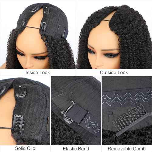 ISEE V Part Human Hair Kinky Curly Minimal/No Leave Out Upgrade U Part Wig for Black Women Human Hair V Shape Wig Kinky Curly Thin Part Glueless Clip In Half Wig 180% Density Natural Color 18 Inch