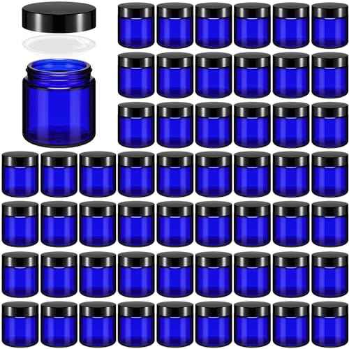 Norme 48 Pcs 4 oz Glass Jars with Lids Leakproof Round Airtight Empty Cosmetic Jars with Inner Liners Lid for Storing Lotions Powder Ointments Candle Making Tins (Black,Blue)