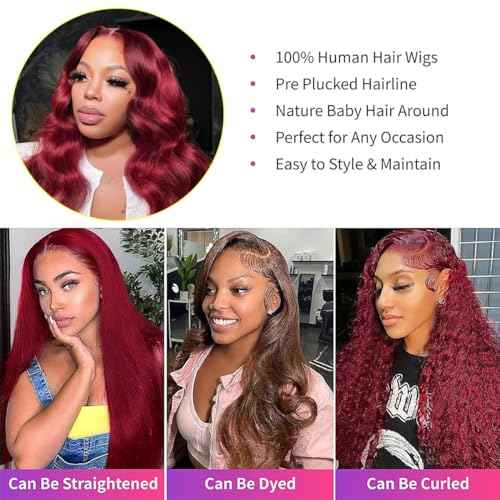 Body Wave Human Hair Wigs for Women Glueless HD Lace Front Wigs Human Hair Body Wave 180 Density Lace Frontal Wigs Human Hair Pre Plucked Body Wave (99J Burgundy wigs, 30 Inch)