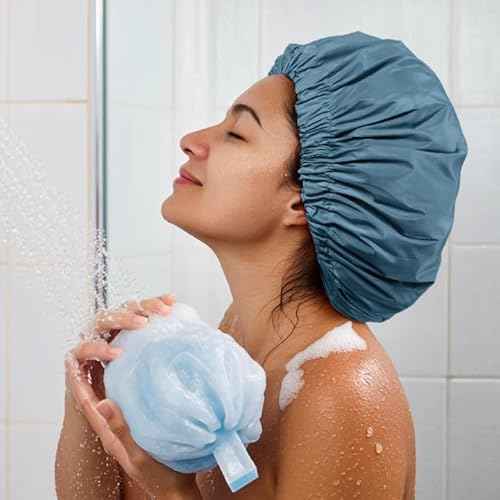 Reusable Shower Cap for Women, Large Waterproof Shower Essentials Bonnet Washable Elastic Band Bath Hair Wrap Hat for Long Hair, Braids(Haze Blue)