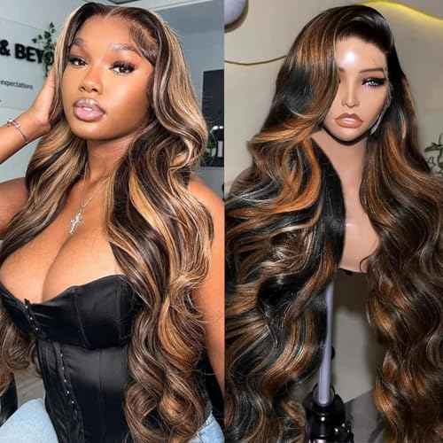 CITY GIRL 30 Inch Body Wave Lace Front Wigs Human Hair 1B/30 Highlight Ombre Lace Front Wig 13x4 Lace Frontal Black with Brown Highlight Balayage Wig Human Hair 200 Density