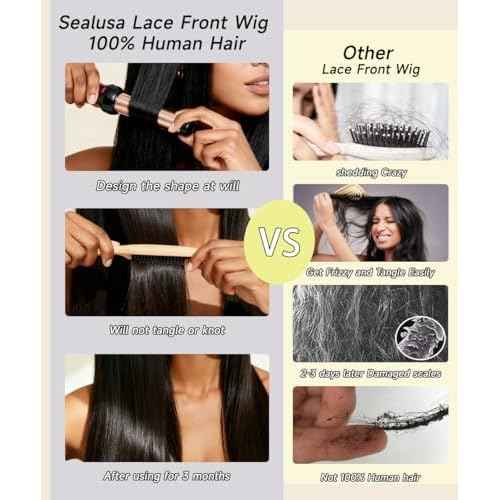 Sealusa Straight Wigs Human Hair 100 Percent Human Hair Wig 200% Density 13x6 Lace Front Wigs No Tangle Shedding Silky Soft Smooth Glueless HD Frontal Wigs Natural Black Invisilbe Hairline 24 Inch