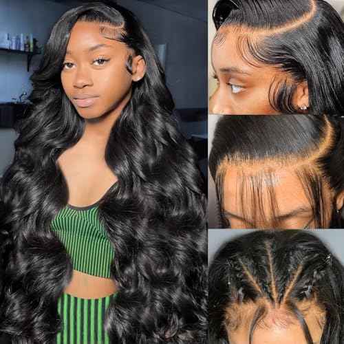 Wingirl 13x6 Body Wave Lace Front Wigs Human Hair Pre Plucked 180 Density HD Transparent Full Lace Frontal Wigs Human Hair for Women Natural Black Color 20Inch