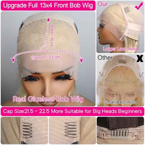 Honey Blonde 613 Bob Wig Human Hair 13x4 HD Lace Front Glueless Wigs Pre Plucked Pre Cut 100% Unprocessed Brazilian Raw Blonde Human Hair Wigs for Black Women - 12 Inch Blonde Bob Wig