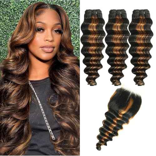 Human Hair Bundles with Closure 14 16 18+14inch Fb30 Colored Ombre Loose Deep Wave Human Hair with 4X4 Closure Free Part Quick Weave 10A Remy Virgin Hair Weave Colored Two Tone Ombre