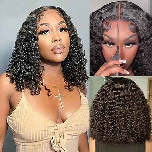 ISEE Wear and Go Glueless Wigs Bob Wigs Human Hair Pre Plucked Water Wave Lace Front Wigs Human Hair Upgraded No Glue Transparent Lace Closure Wigs Human Hair for Women Natural Black 16 Inch