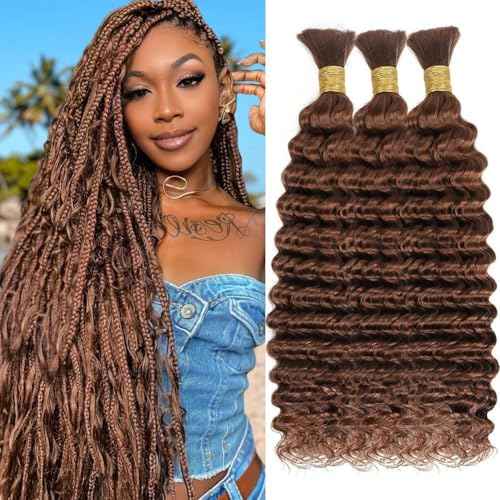 Human Braiding Hair for Boho Braids 150g 24 Inch Auburn Brown Curly Boho Hair for Braiding Knotless 12A Deep Wave Bulk Bohemian 3 Bundles/Pack Color 30