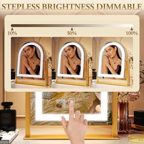 ROLOVE Lighted Makeup Mirror with 3-Color Dimmable Lighting, with Removable 10x Magnifier, Smart Touch Control, 360¡Æ Rotation, 15" x 13" Hollywood Vanity Mirror for Tabletop Desk (Gold)