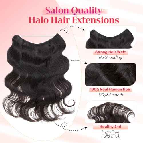 Rich Choices Halo Hair Extensions Real Human Hair Wave Invisible Wire In Hair Extensions Remy Human Hair Clip in Hairpiece One Piece 18 Inch #1B Natural Black