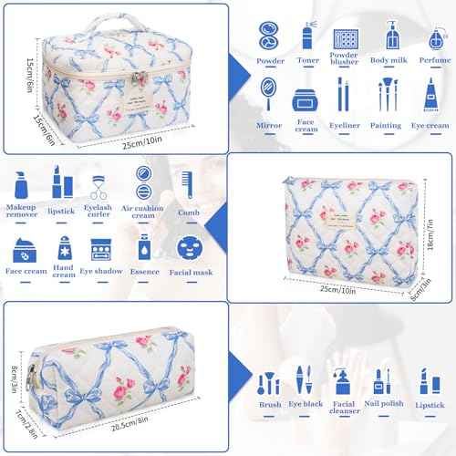 Makeup Bag Set, Quilted Makeup Bag, Large Floral Cosmetic Bag for Women, Cute Cotton Makeup Bags, Flower Travel Toiletry Organizer Bag (Blue Flower)