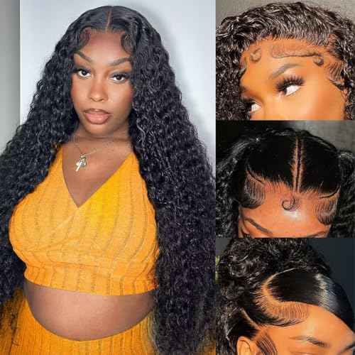 13x6 Deep Wave Lace Front Wigs Human Hair 200% Density 26 Inch Curly Human Hair Wig for Women Natural Black HD Transparent Lace Glueless Frontal Wigs Human Hair Pre Plucked