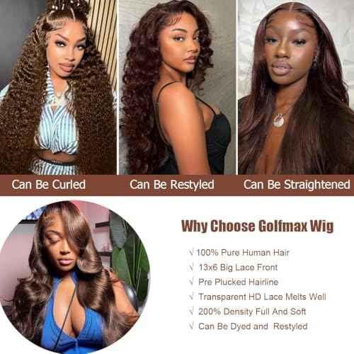 GOLFMAX Chocolate Brown Lace Front Wig 13X6 Lace Front Wig Body Wave Human Hair Pre Plucked With Baby Hair Brown Wigs Human Hair 18 Inch