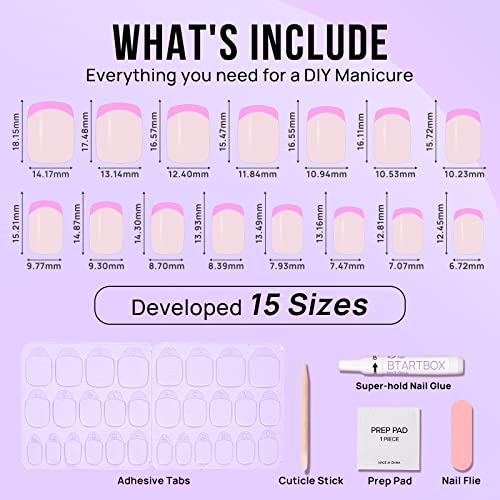 BTArtbox French Tip Press On Nails - Press on Nails Square for Women Gifts, Pink Glue On Nails, Fit Perfectly & Natural Reusable Stick On Nails in 15 Sizes, 30 Pcs Soft Gel Kit, Dolce Pink