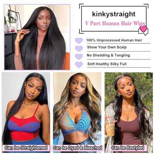 V Part Wigs Human Hair Kinky Straight Human Hair Wig Upgrade U Part Human Hair Wig for Black Women V Part Half Wigs Glueless Wear and Go No Leave Out No Sew In 180% Density Natural Color 20 inch